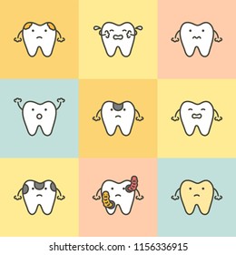 set of dental care, element for tooth concept ( decay, yellow, bacteria, sensitive ) - teeth cartoon vector flat style cute character for design