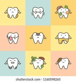 set of dental care, element for tooth concept ( caries, plaque, toothache, dirty ) - teeth cartoon vector flat style cute character for design