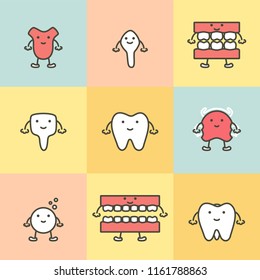 set of dental care, element for tooth concept ( tooth type, tongue, denture, dental braces ) - teeth cartoon vector flat style cute character for design