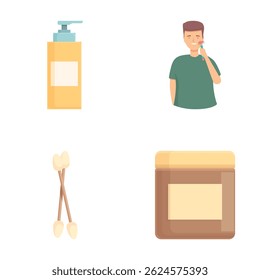Conjunto de cuidados dentários essenciais, incluindo pasta de dente, cotonetes, um homem escovando os dentes