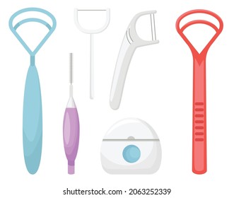 Set von Zahnpflegesymbolen, Oral Hygiene Individual Tools. Saubere Mundpflegegeräte für die Zähne. Zahnfleischkrämpfe und Zungenkrämpfe einzeln auf weißem Hintergrund. Cartoon-Vektorgrafik