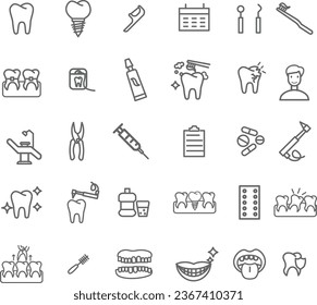 Conjunto de cuidados dentales Iconos. Paquete de iconos de estilo de arte de línea simple. Ilustración del vector