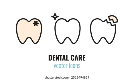 Set of dental care icons. Tooth with caries, heathy tooth with twinkling star, chipped tooth. Vector illustration