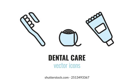 Conjunto de iconos de cuidado dental. Cepillo de dientes, pasta de dientes, enjuague bucal. 