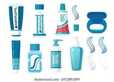 Set of dental care products toothpaste mouth wash floss with mint flavored vector illustration isolated on white background