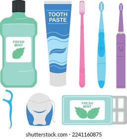 Set of dental care for teeth, vector illustration.