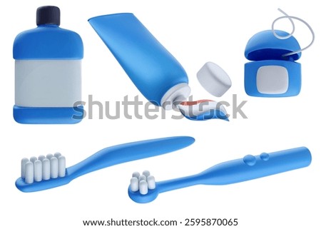 Set of dental care tools for cleaning teeth. Toothpaste, floss, mouthwash, toothbrush in 3d glossy style. Vector 3d illustration for kids.