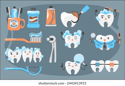 Set of Dental Care with tooth cartoon Character toothbrushing teeth element