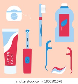 Conjunto de herramientas de limpieza dental. Cuidado oral y productos de higiene. Cepillo de dientes, pasta dental, hilo dental. Cepillado de dientes. Ilustración vectorial plana.