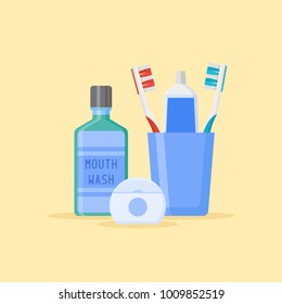 Set of dental cleaning tools. Toothbrushes and toothpaste in glass, mouthwash, dental floss isolated on yellow background. Flat style vector illustration.