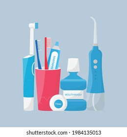 Set of dental cleaning tools. Toothbrushes, electric toothbrush, portable oral irrigator and toothpaste, mouthwash, dental floss isolated. Dental hygiene. Flat style vector illustration.