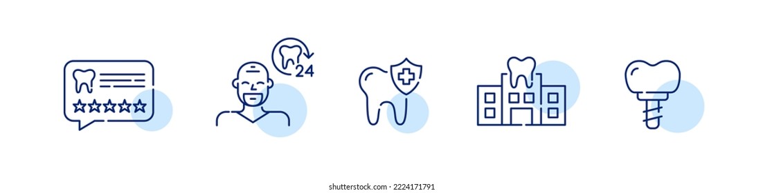 Conjunto de íconos de la clínica dental. revisión de 5 estrellas, dentista 24 horas, escudo de protección e implante. Trazo de píxeles perfecto, editable