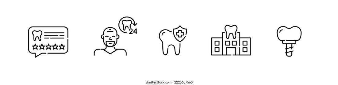 Set of dental clinic icons. 5-star review,24 hour dentist, protection shield and implant. Pixel perfect, editable stroke