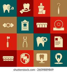 Set Dental clinic location, Clipboard with dental card, Otolaryngological head reflector, Mouthwash plastic bottle, Candy, Calcium for tooth and Dentures model icon. Vector