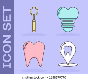 Set Dental clinic location, Dental inspection mirror, Tooth and Dental implant icon. Vector