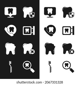 Set Dental clinic location, Online dental care, protection, Broken tooth, Tooth with caries, search and Toothbrush icon. Vector