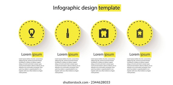 Set Dental clinic location, Painkiller tablet, X-ray of tooth and card. Business infographic template. Vector