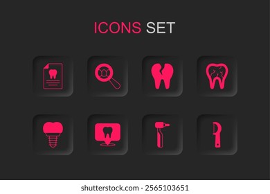 Set Dental clinic location, search, Clipboard with dental card, Tooth drill, Broken tooth, floss,  and implant icon. Vector