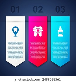 Set Dental clinic location, Teeth with braces and Mouthwash bottle. Business infographic template. Vector