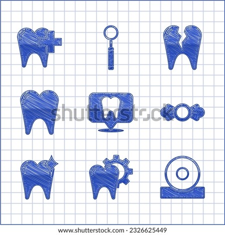 Set Dental clinic location, Tooth treatment procedure, Otolaryngological head reflector, Candy, whitening concept, Broken tooth and for dental care icon. Vector