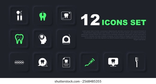 Set Dental clinic location, Toothbrush, Toothache, Tube of toothpaste, Broken,  and Clipboard with dental card icon. Vector