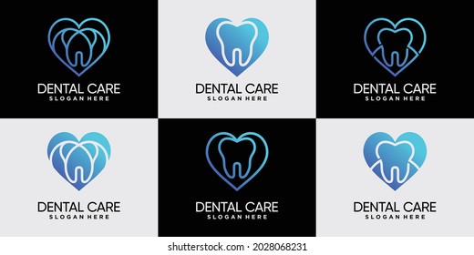 Set of dental clinic logo design with heart linear style and negative space concept Premium Vector