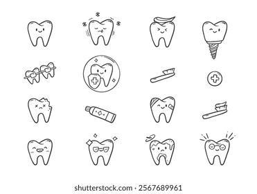 Set dental clinic tooth icon cartoon doodle illustration with bold hand drawing outline include happy clean tooth, dirty, shining, caries, sensitive and cold, implant