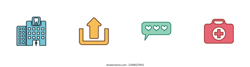 Set Dental clinic, Upload, Like and heart and First aid kit icon. Vector