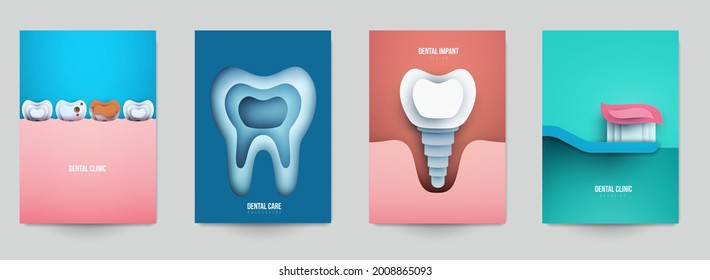 Set of dental concept covers for flyer, poster, banner in modern minimal style. Collection composition of background for design branding clinic, hospital. Geometric paper art vector illustration. 