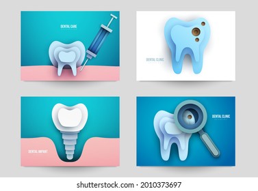 Set of dental concept covers for flyer, poster, banner in modern minimal style. Collection composition of background for design branding clinic, hospital. Geometric paper art vector illustration. 