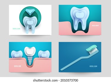Set von Dentalkonzepten für Flyer, Plakat, Banner im modernen minimalen Stil. Sammlung Zusammensetzung der Hintergrund für Design-Branding Klinik, Krankenhaus. Geometrisches Papier, Vektorgrafik. 