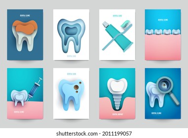 Set of dental concept covers for flyer, poster, banner in modern minimal style. Collection composition of background for design branding clinic, hospital. Geometric paper art vector illustration. 