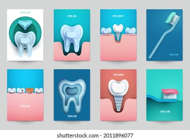 Set of dental concept covers for flyer, poster, banner in modern minimal style. Collection composition of background for design branding clinic, hospital. Geometric paper art vector illustration. 