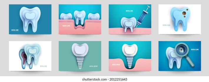 Set of dental concept covers for flyer, poster, banner in modern minimal style. Collection composition of background for design branding clinic, hospital. Geometric paper art vector illustration. 