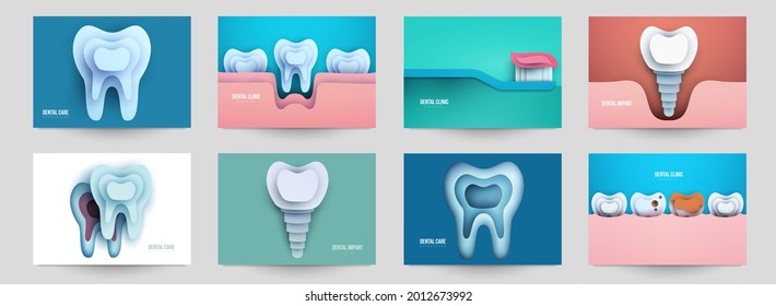 Set of dental concept covers for flyer, poster, banner in modern minimal style. Collection composition of background for design branding clinic, hospital. Geometric paper art vector illustration. 