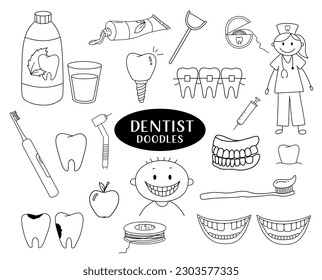 Conjunto de ilustraciones de doodles dentales. Graciosos bocetos de enfermeras, cepillo de dientes y pasta dentífrica, hilo dental enfermo y saludable, dental y dental.