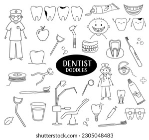 Set of dental doodle illustrations. Funny doctor sketches, toothbrush and toothpaste, tooth and dental floss. Outline collection