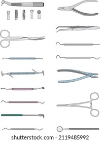 Set of Dental Equipment and Appliances for Dentists Vector Art Isolated on White