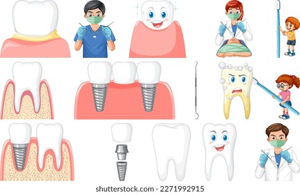 Set of dental equipments and cartoon characters illustration