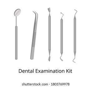 Set of dental examination kit for dentists. Include mirror, twizzers, explorer, remover, spatula, scaler. Stainless steel. Vector isolated EPS10