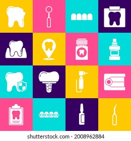 Set Dental explorer scaler, modelo Dentures, botella Mouthwash, ubicación de la clínica, Diente, Diente roto y icono del comprimido Painkiller. Vector