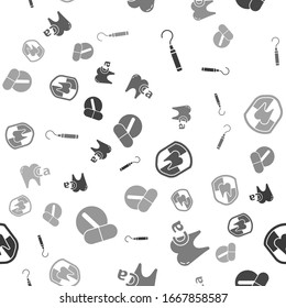 Ajuste del escalador del explorador dental para dientes, Calcio para dientes, Protección dental y Píldora o comprimido de Medicina en un patrón transparente. Vector
