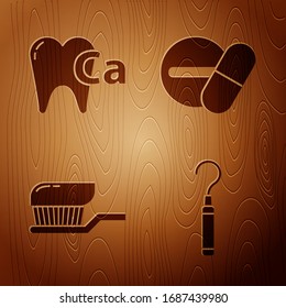 Set Dental explorer scaler for teeth, Calcium for tooth, Toothbrush with toothpaste and Medicine pill or tablet on wooden background. Vector