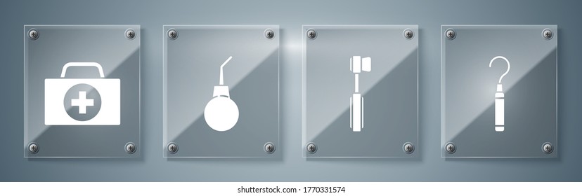 Set Dental Explorer Scaler For Teeth, Toothbrush, Enema Pear And First Aid Kit. Square Glass Panels. Vector