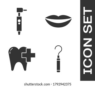 Set Dental Explorer revendedor para dientes, taladro dental, Clínica dental para cuidado dental e ícono de labios sonrientes. Vector