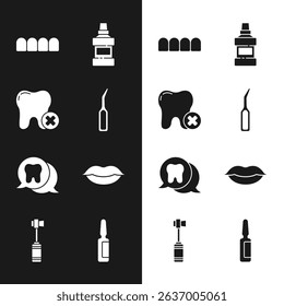 Set Dental explorer scaler, Tooth with caries, Dentures model, Mouthwash bottle, Smiling lips, Painkiller tablet and Toothbrush icon. Vector