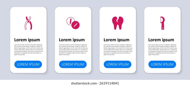 Set Dental floss, Broken tooth, Toothache painkiller tablet and pliers. Business infographic template. Vector