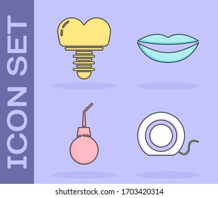 Set Dental floss, Dental implant, Enema pear and Smiling lips icon. Vector