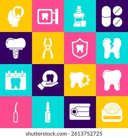 Set Dental floss, Tooth, Broken tooth, Mouthwash bottle, pliers, implant, Human head with and protection icon. Vector
