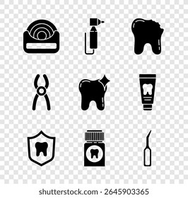 Set Dental floss, Tooth drill, Broken tooth, protection, Painkiller tablet, explorer scaler, pliers and whitening icon. Vector